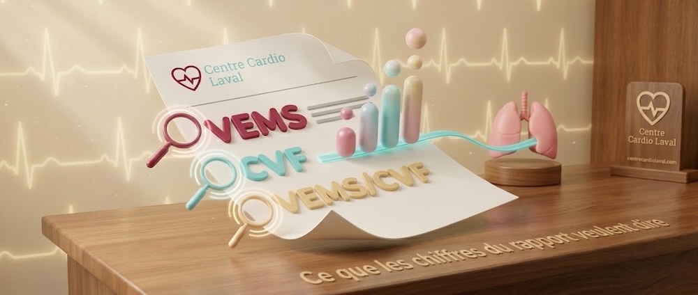 Illustration 3D du rapport de spirométrie avec VEMS, CVF et indicateurs clés du Centre Cardio Laval