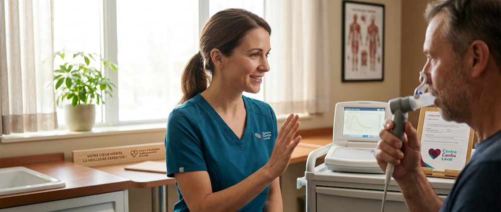 Inhalothérapeute encourageant un patient lors d'un test de spirométrie au Centre Cardio Laval