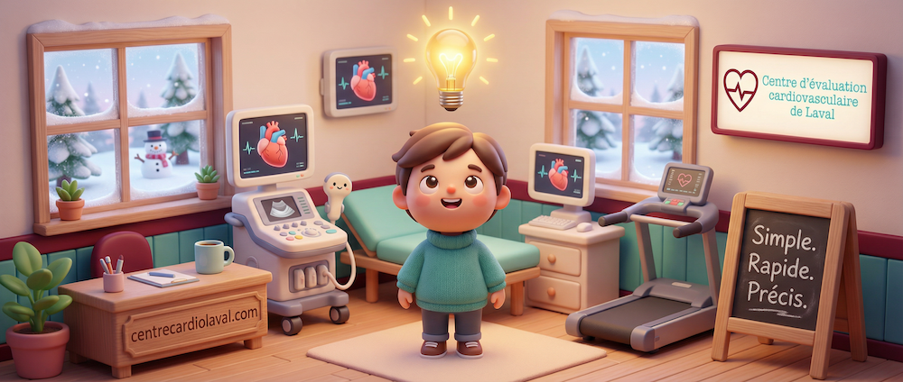 Clinique d'échographie cardiaque du Centre Cardio Laval illustrée en style Pixar 3D
