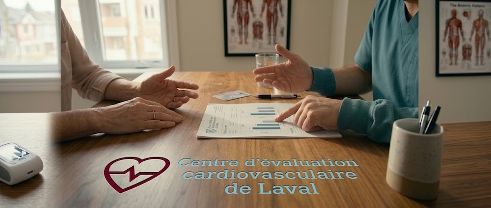 Mains d'une inhalothérapeute expliquant un rapport de spirométrie à une patiente - Centre Cardio Laval