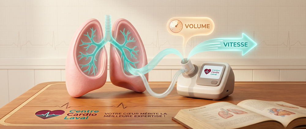 Illustration des poumons et du spiromètre expliquant le volume et la vitesse d'air - spirométrie au Centre Cardio Laval