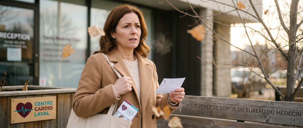 Patiente sortant du bureau de son médecin avec une prescription de spirométrie pour le Centre Cardio Laval