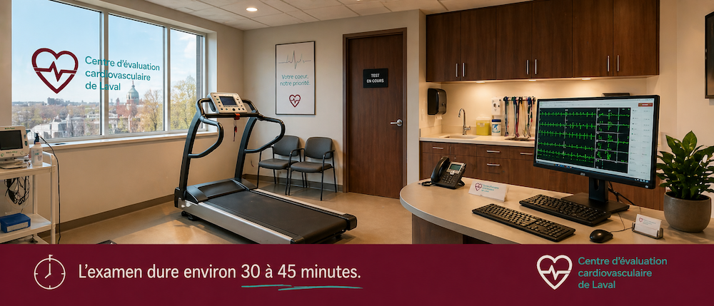 Salle d'examen ECG d'effort Centre Cardio Laval, tapis roulant et station de monitoring, examen d'environ 30 à 45 minutes