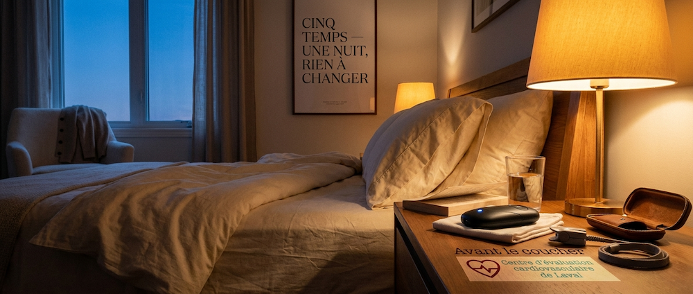 Chambre prête pour le test d'apnée du sommeil — appareil NOX posé au crépuscule avant le coucher