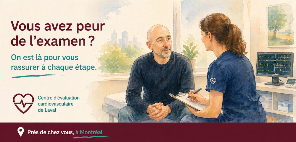 Aquarelle rassurante d'un patient en consultation avec une soignante du Centre Cardio Laval, accompagnement humain à chaque étape de l'examen