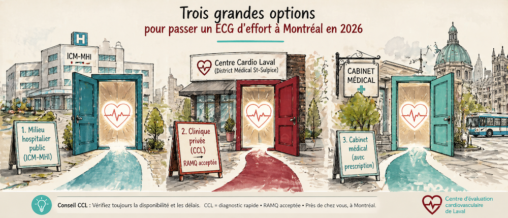 Trois grandes options pour passer un ECG d'effort à Montréal en 2026 : milieu hospitalier ICM-MHI, clinique privée Centre Cardio Laval RAMQ acceptée, cabinet médical avec prescription