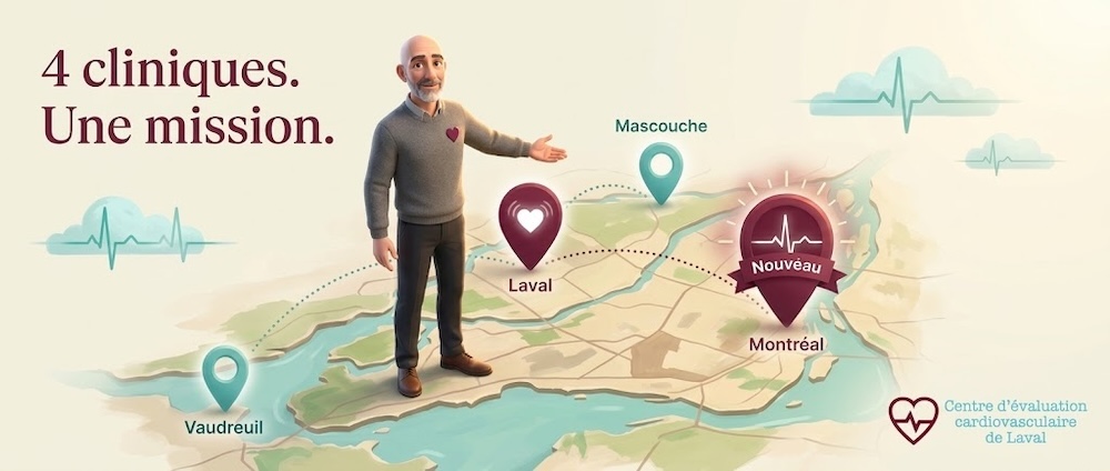 Carte des quatre cliniques du Centre Cardio Laval — Laval, Mascouche, Vaudreuil et nouvelle Clinique Montréal — réseau cardiovasculaire grande région de Montréal