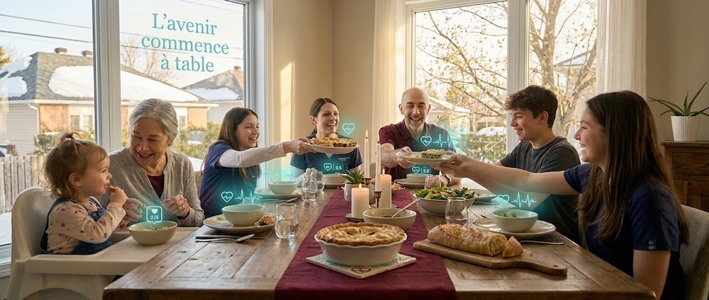 Famille québécoise de trois générations partageant un repas équilibré à table pour prévenir les maladies du cœur