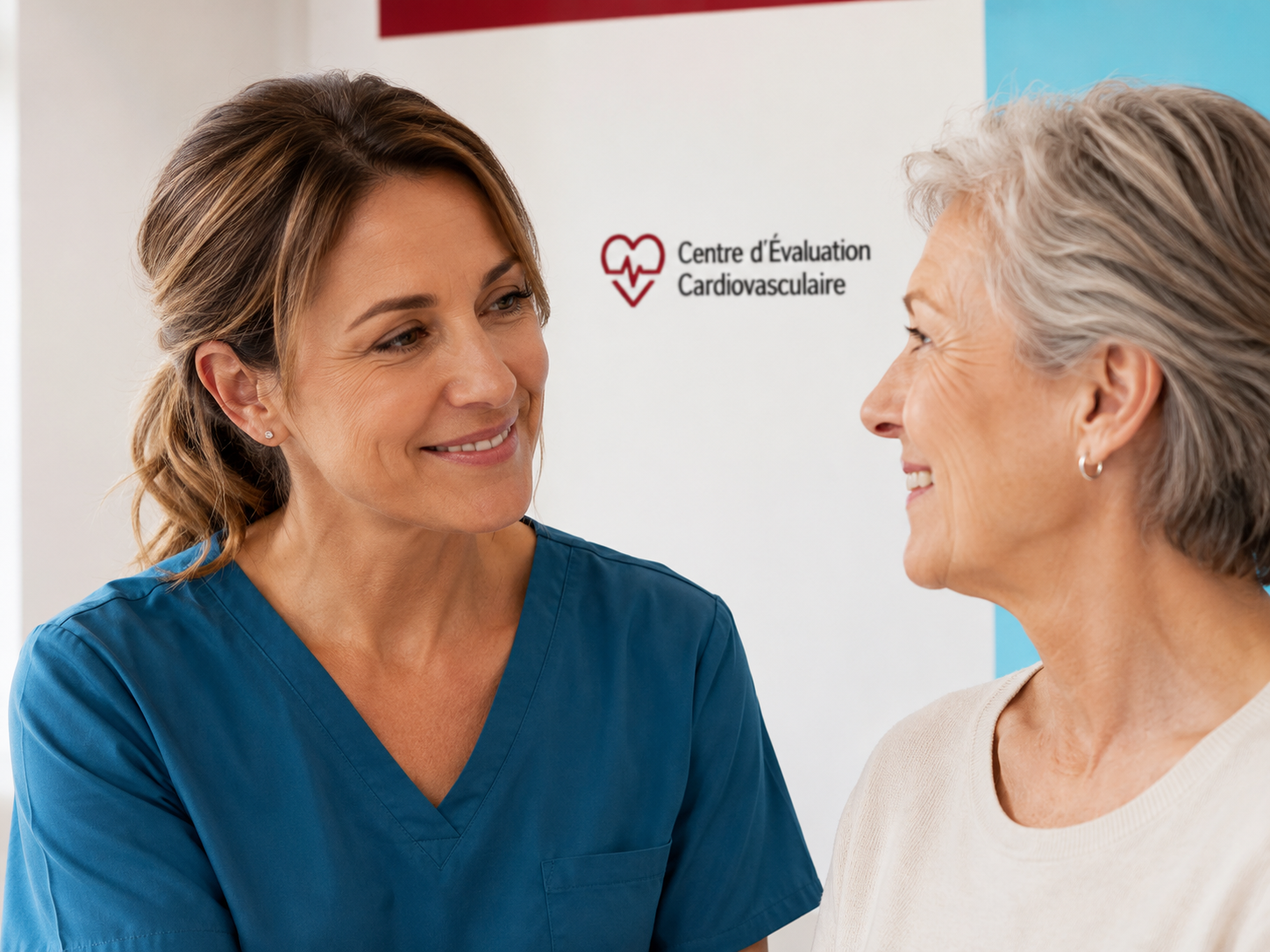 Professionnelle de la santé accueillant une patiente à la clinique de cardiologie de Montréal
