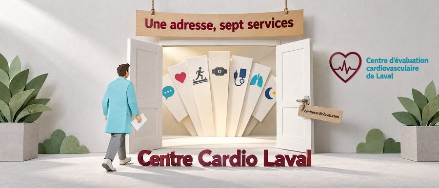 Illustration en papier découpé d'une porte qui réunit la consultation et les examens du cœur, du souffle et du sommeil