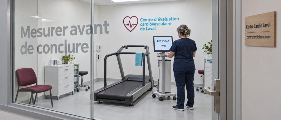 Technologue qui prépare le tapis roulant d'un ECG d'effort dans une salle d'examen claire, vue à travers une vitre