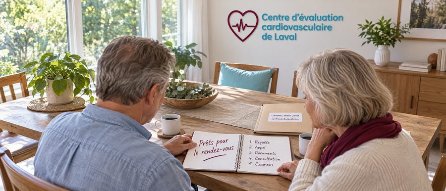 Couple à la table de la salle à manger qui relit les cinq étapes pour voir un cardiologue à Montréal