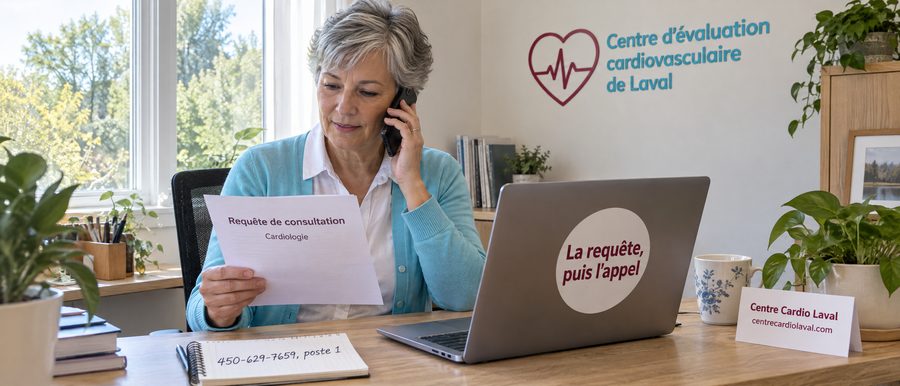 Femme à son bureau, requête en main, qui appelle pour prendre rendez-vous avec un cardiologue à Montréal