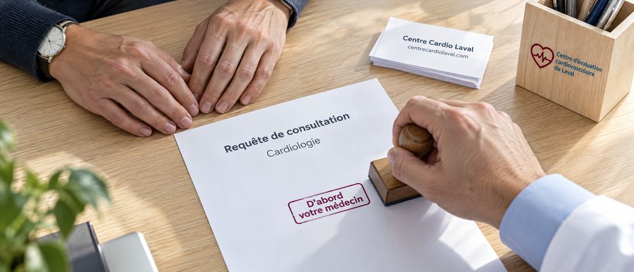 Mains d'un médecin qui tamponne une requête de consultation en cardiologie, avant le rendez-vous avec le cardiologue