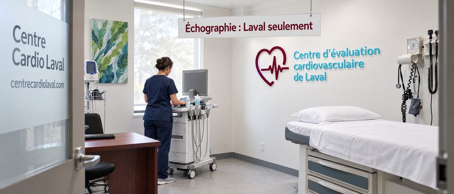 Salle d’échographie cardiaque de la clinique de Laval du Centre d’évaluation cardiovasculaire, prête pour l’examen