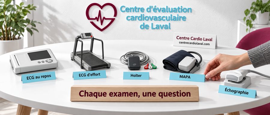 Nature morte des examens cardiaques avec leurs étiquettes : ECG au repos, ECG d’effort, Holter, MAPA et échographie