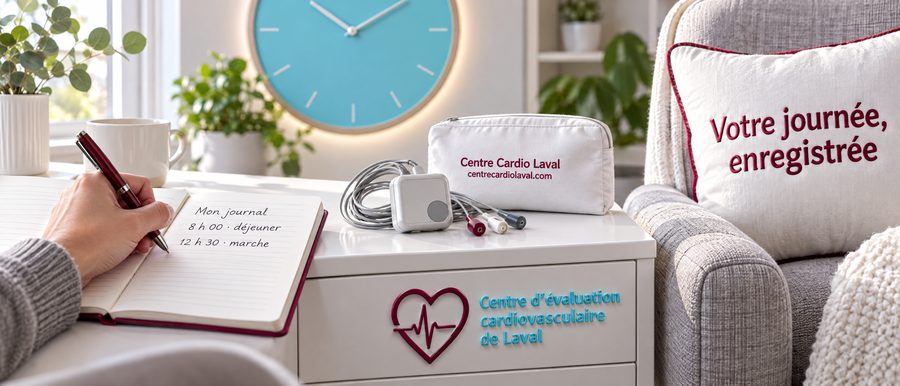 Holter posé sur une table d’appoint, à côté d’un carnet où une main note l’heure et l’activité de la journée