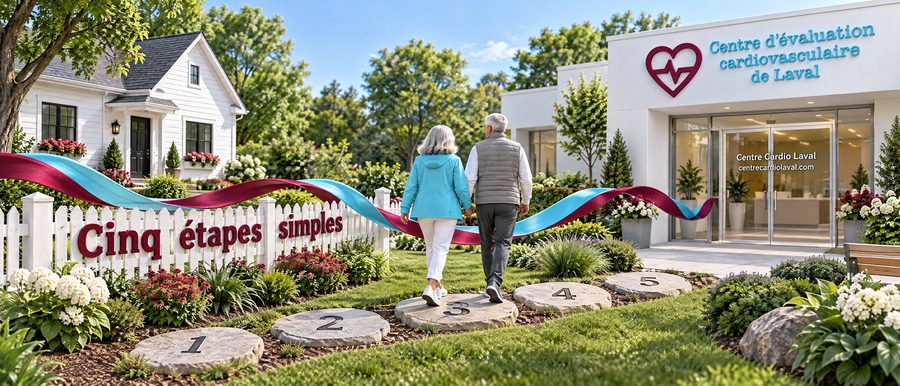Couple qui suit un sentier de cinq pierres numérotées vers la clinique, pour choisir où faire son examen cardiaque à Laval