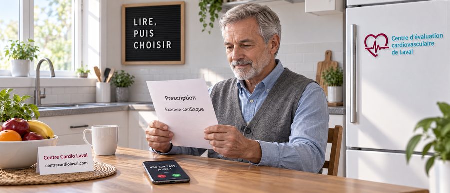 Homme assis à la table de sa cuisine qui relit sa prescription pour savoir où passer un test cardiaque