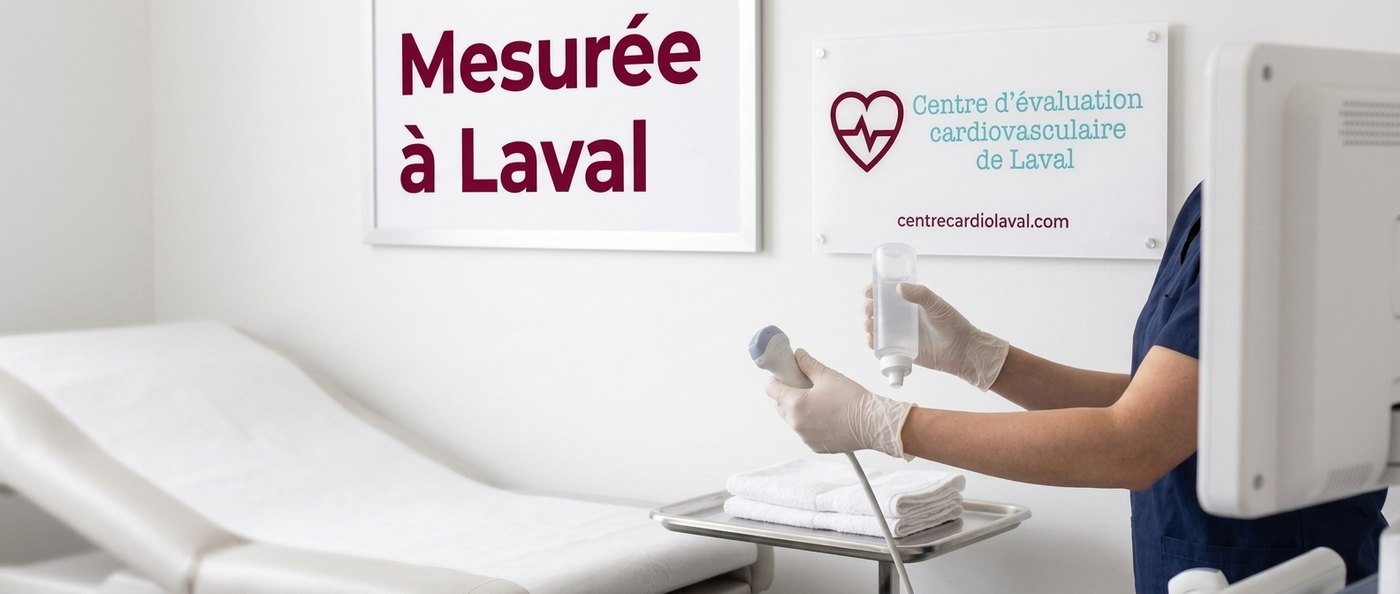 Mains gantées tenant la sonde et le gel d’échographie cardiaque, près d’une table d’examen vide, à la clinique de Laval