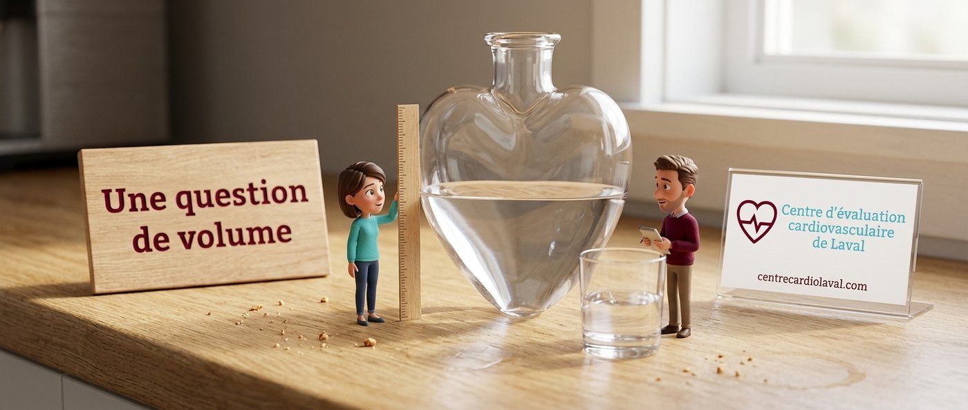 Carafe de verre en forme de cœur à moitié versée dans un verre, avec deux petits personnages qui mesurent le niveau de l’eau pour illustrer la fraction d’éjection