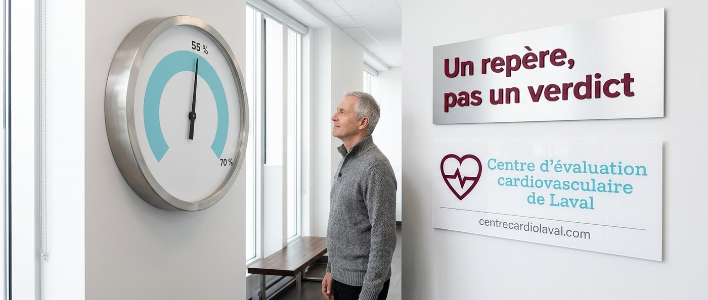 Grand cadran mural indiquant une zone de 55 à 70 %, repère d’une fraction d’éjection normale, observé par un homme dans un corridor de clinique