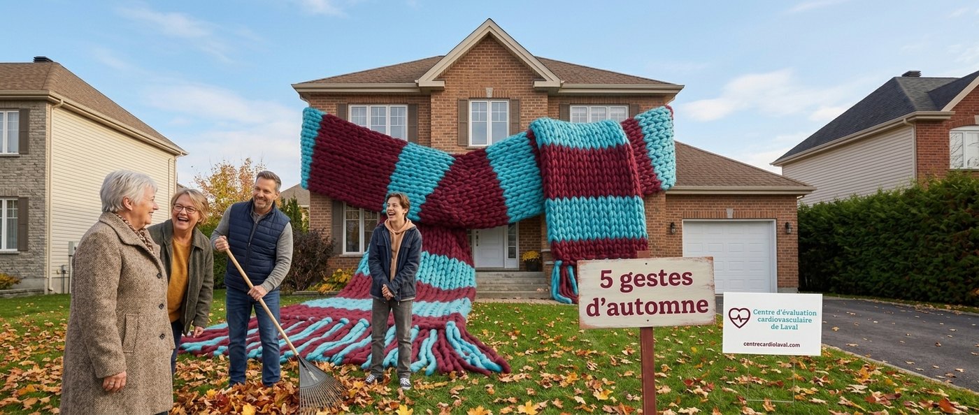 Famille qui ratisse les feuilles devant une maison entourée d’une écharpe géante, avec l’affiche 5 gestes d’automne pour protéger son cœur