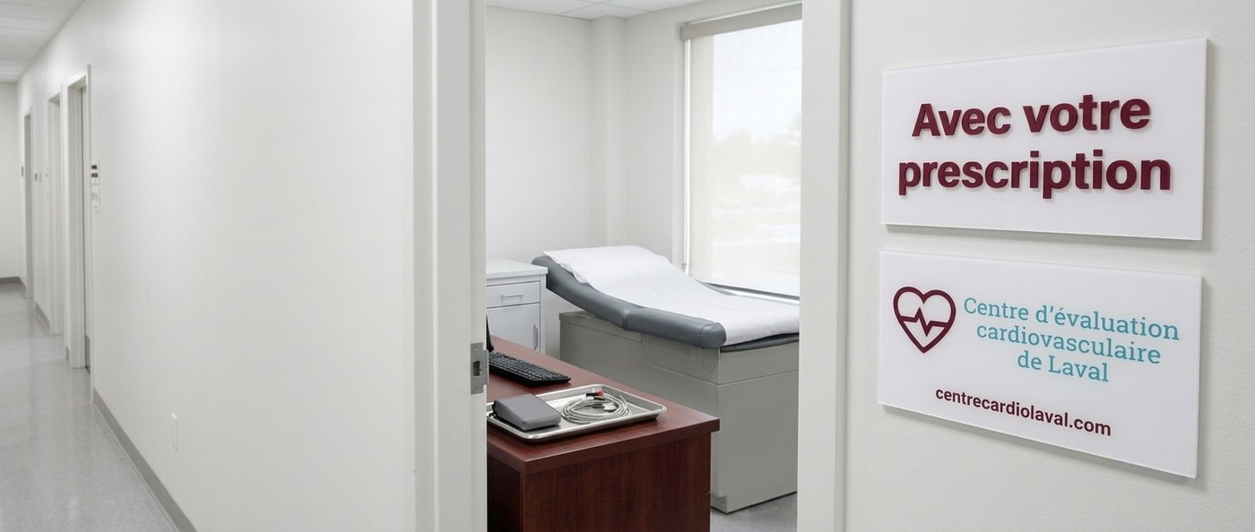 Salle d’examen vide de la clinique de Laval vue depuis le corridor, avec la plaque Avec votre prescription