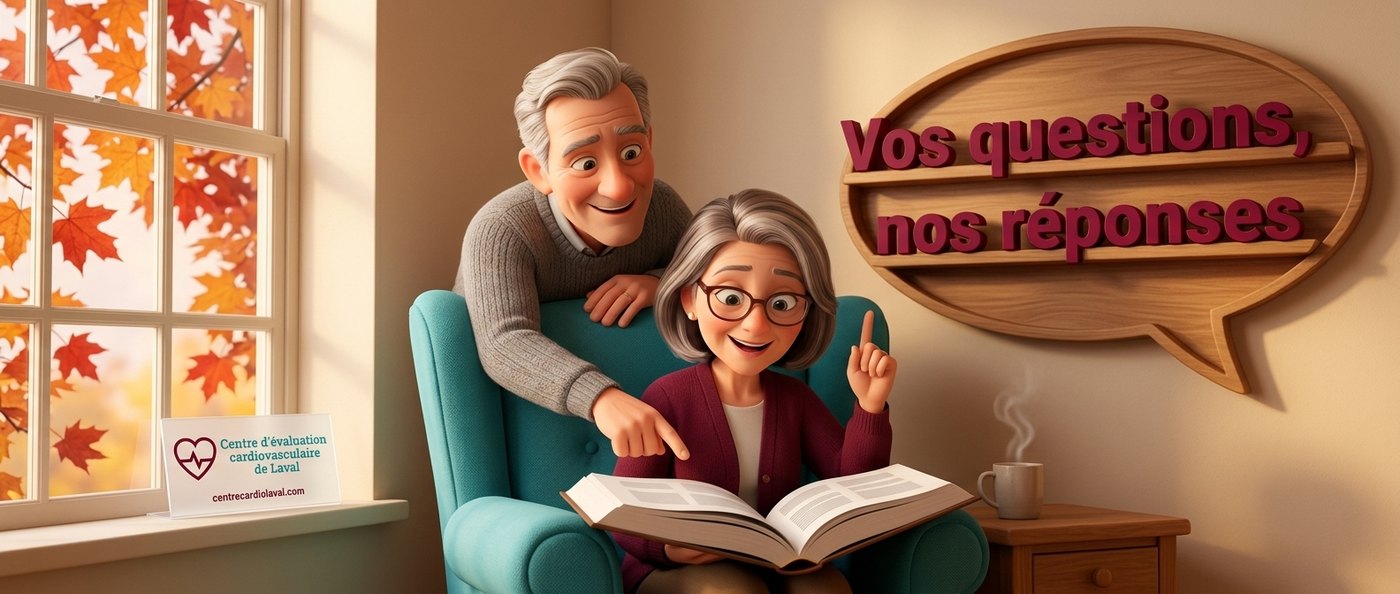 Deux personnes qui lisent un livre dans un fauteuil, sous le message Vos questions, nos réponses sur la grippe et le cœur