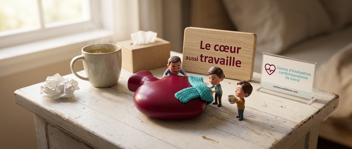Petits personnages qui enroulent une écharpe autour d’une bouillotte en forme de cœur sur une table de chevet, pour illustrer l’effort du cœur pendant une grippe