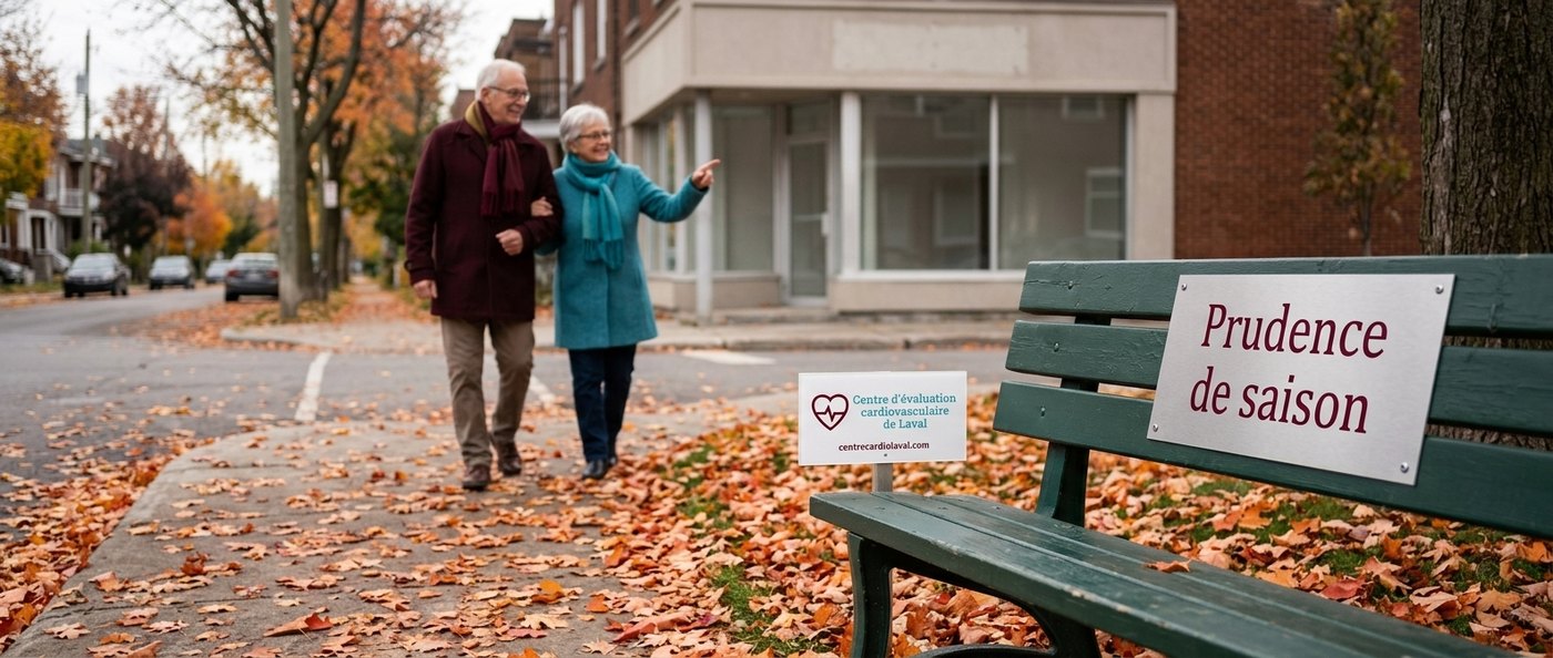 Couple âgé qui marche dans une rue de Laval couverte de feuilles d’automne, près d’un banc portant la plaque Prudence de saison
