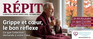 Couverture de magazine sur la grippe et le cœur : un homme enveloppé d’une couverture boit une tisane près d’une fenêtre d’automne