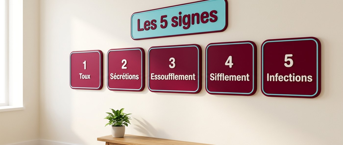 Cinq panneaux muraux numérotés : toux, sécrétions, essoufflement, sifflement, infections, les 5 signes de la MPOC