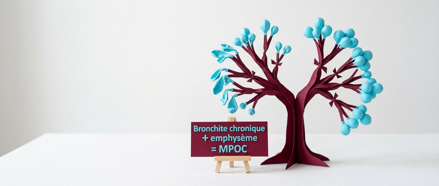 Arbre en papier qui représente les voies respiratoires, branches rétrécies et ballons dégonflés, avec l’affiche « Bronchite chronique + emphysème = MPOC »