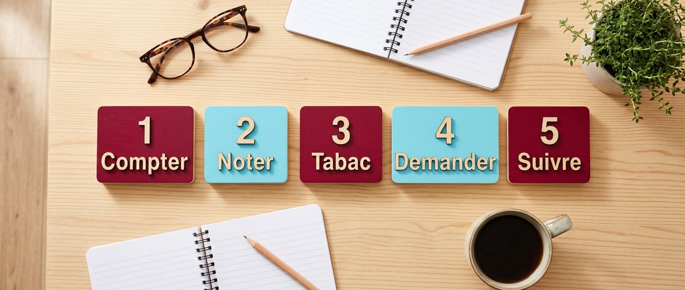 Cinq tuiles numérotées sur une table : compter, noter, tabac, demander, suivre, pour préparer la discussion avec votre médecin