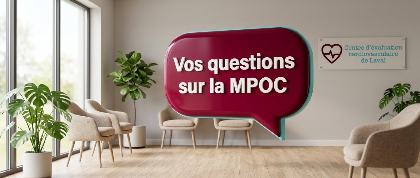 Bulle de dialogue « Vos questions sur la MPOC » dans une salle d’attente lumineuse du Centre d’évaluation cardiovasculaire