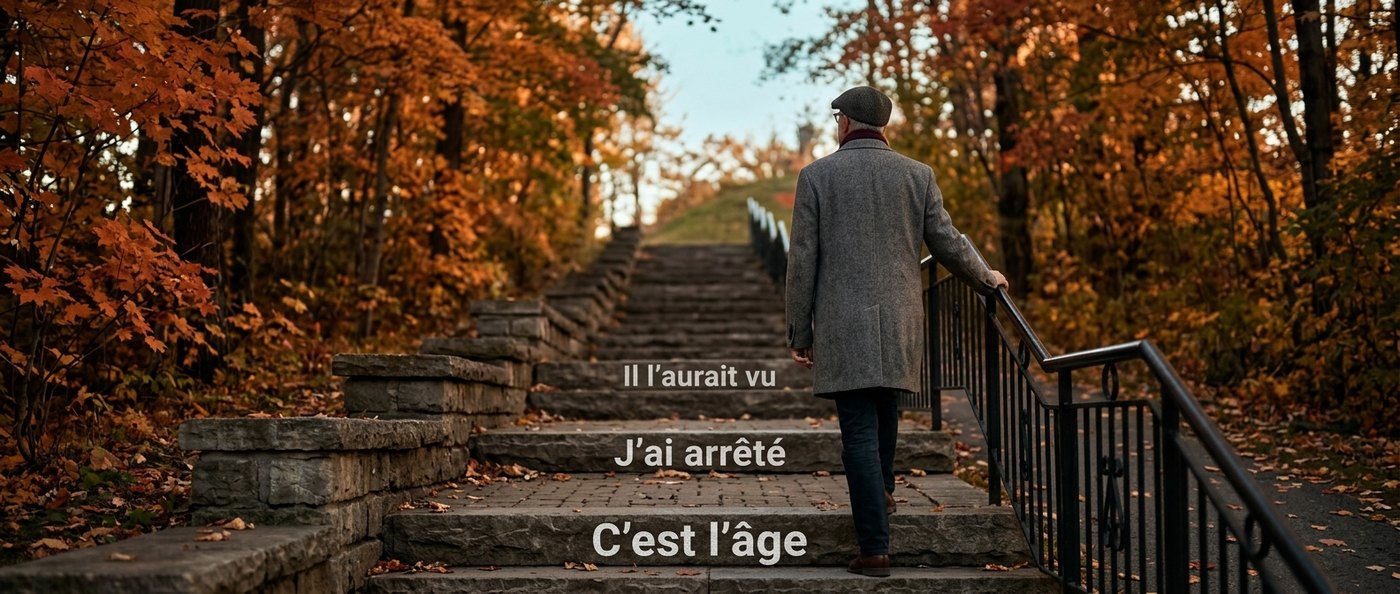 Homme vu de dos qui fait une pause dans un escalier de parc en automne, trois idées reçues sur la MPOC inscrites sur les marches