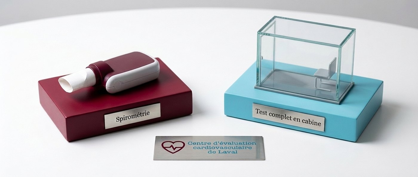 Maquettes d’un spiromètre et d’une cabine de pléthysmographie, examens qui aident à confirmer une MPOC au Centre d’évaluation cardiovasculaire