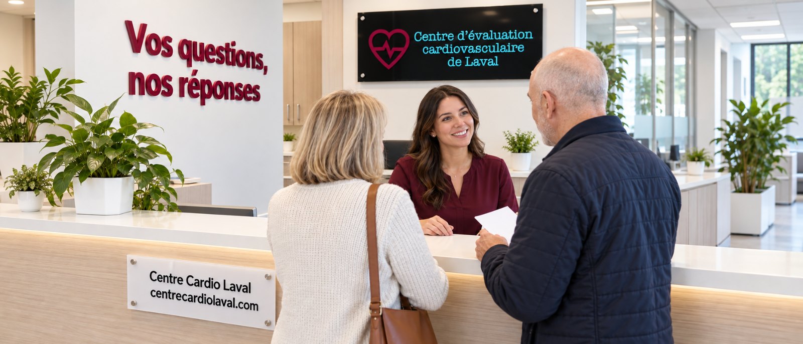 Comptoir d’accueil de la clinique de Laval du Centre d’évaluation cardiovasculaire, où une secrétaire répond aux questions d’un couple qui tient sa prescription